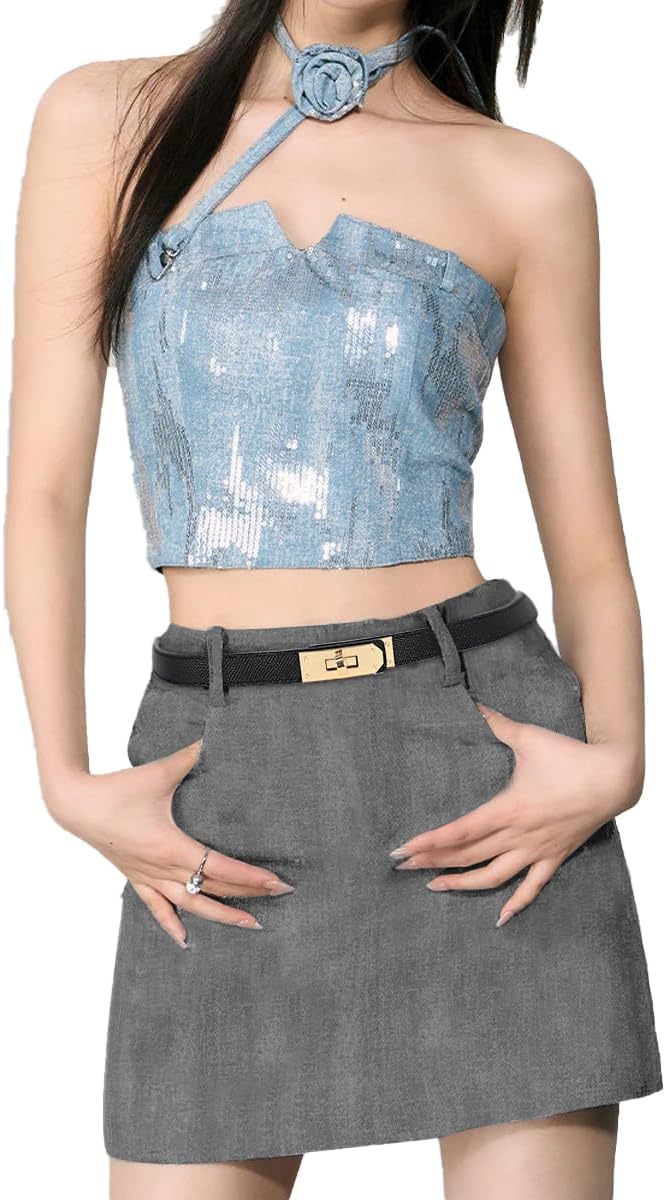 Women's Fashion Classic Metal Buckle Leather Belt with Jeans Dress