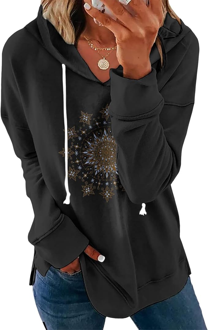 Womens Casual Loose Fit Pullover Sweatshirt with Artistic Print Drawstring Hood Long Sleeve Cotton Blend for Fall