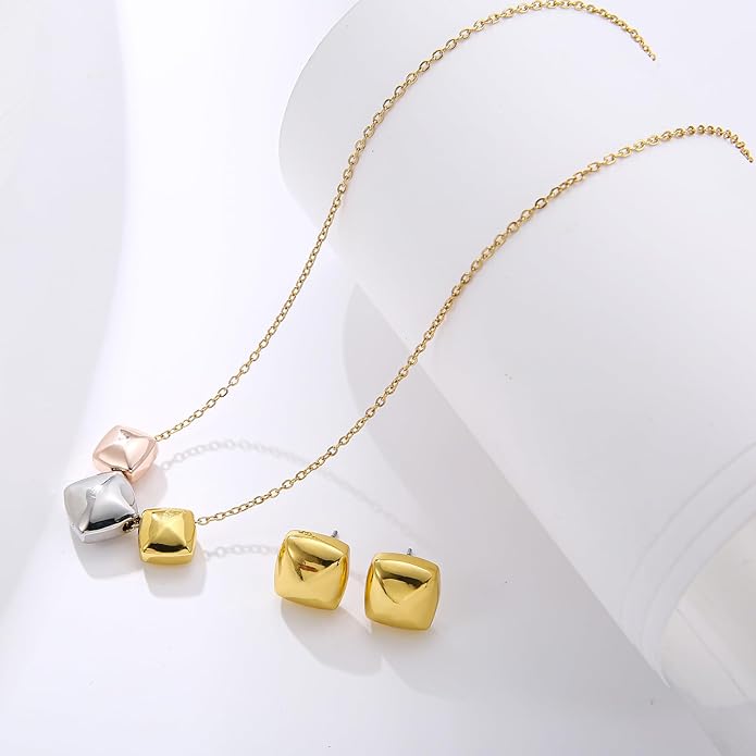 Dainty Geometric Jewelry Set for Women - Stainless Steel Necklace & Earrings Minimalist Matching Set