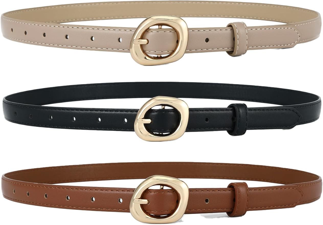 Thin Belt for Women Jeans Faux Leather Ladies Skinny Waist Belts for Dresses Pants with Trendy Gold/Silver Buckle