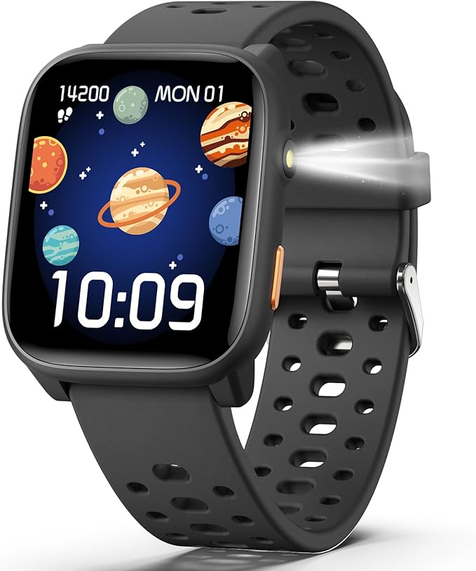 Kids Smart Watch with Puzzle Games, 1.83" Kids Watches Heart Rate, Sleep Monitor, Pedometer, Alarm Clock, Flashlight, Gift for 6-16 Year Old Boys Girls Toys (Black)