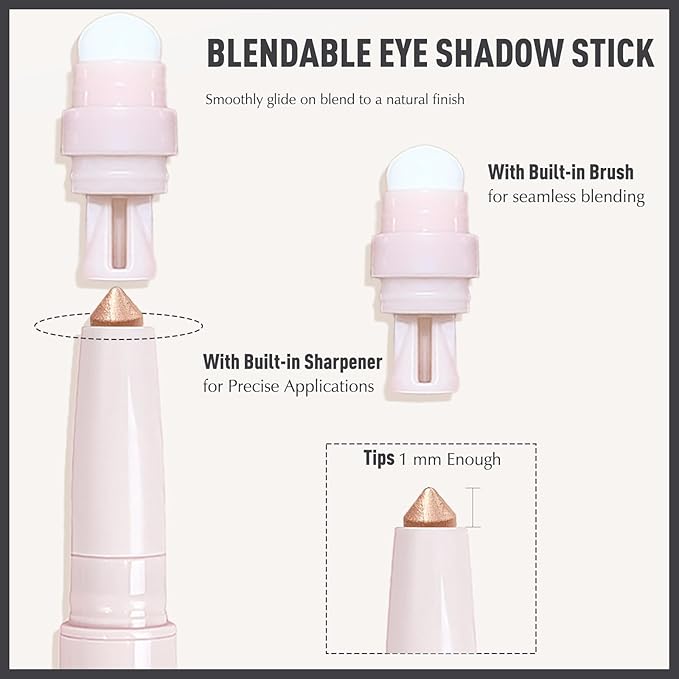 Eyeshadow Stick, Sand Shimmer Cream Eyeshadow Long-Lasting Crease-Proof Glitter Eyeliner Pencil High Pigmented Neutral Highlighter Makeup Crayon with Blending Brush & Built-in Sharpener