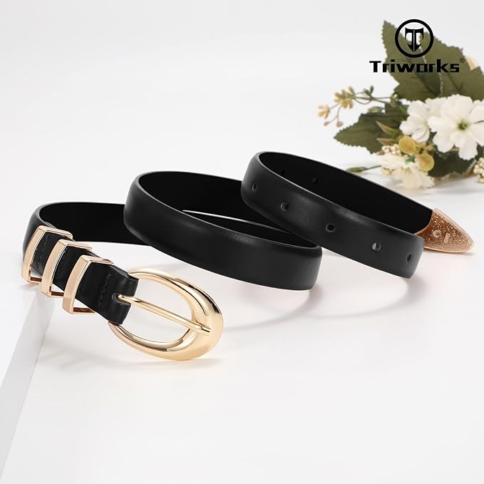TRIWORKS Women Leather Belt for Jeans Pants Fashion Ladies Skinny Faux Leather Dress belt with Gold Buckle