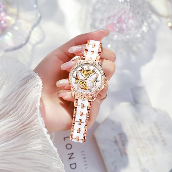 OLEVS Womens Automatic Watch, Premium Large Face Diamond Accented Self Winding Watches for Women, Fashion Waterproof Ladies Dress Watch, Two Tone Stainless Steel Ceramic Bracelet