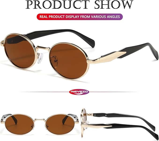 AIEYEZO Retro Oval Sunglasses for Women Men Trendy Fashion Round Sun Glasses Oval Metal Framed Shades