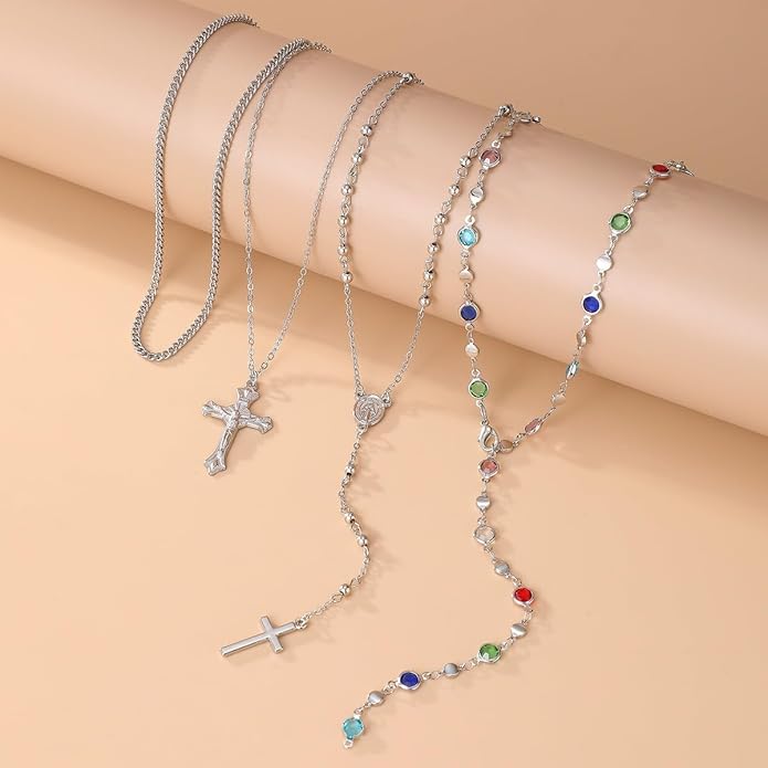 Gold Color Cross Pendant Necklace Set for Women,Dainty Big Crystal Cross Imitation pearl Layered Chain Necklace Summer Party Jewelry