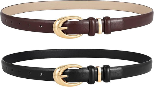 2 Pack Women Leather Belts for Jeans Dress Fashion Ladies Belt with Gold Silver Buckle