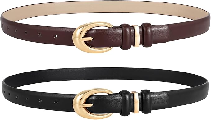 2 Pack Women Leather Belts for Jeans Dress Fashion Ladies Belt with Gold Silver Buckle
