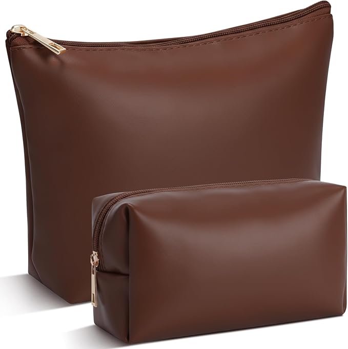 Kigeli 2 Pcs PU Leather Makeup Bag Set for Women Aesthetic Cosmetic Bag Small Toiletry Travel Pouch for Purse Emergency Skincare Organizer Valentine Gifts for Bridesmaid Birthday(Dark Brown)