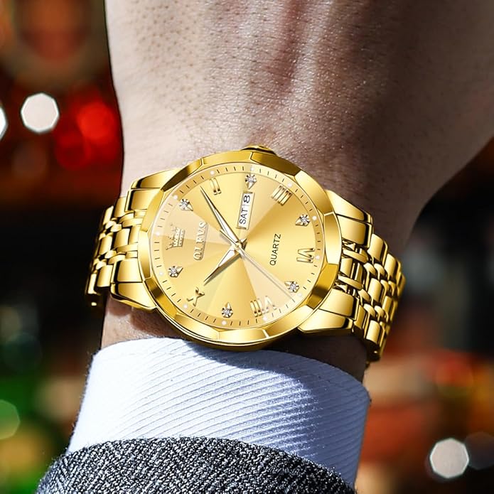 OLEVS Mens Watch Stainless Steel Analog Quartz Watches for Men Day Date Easy Read Diamond Waterproof Dress Luxury Classic Casual Big Face Blue/Black/Gold/Silver Roman Arabic Numerals Men's Wrist Watch