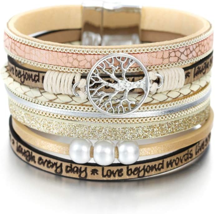 Fesciory Leather Wrap Bracelets for Women, Boho Leopard Multi-Layer Crystal Beads Cuff Bracelet Jewelry
