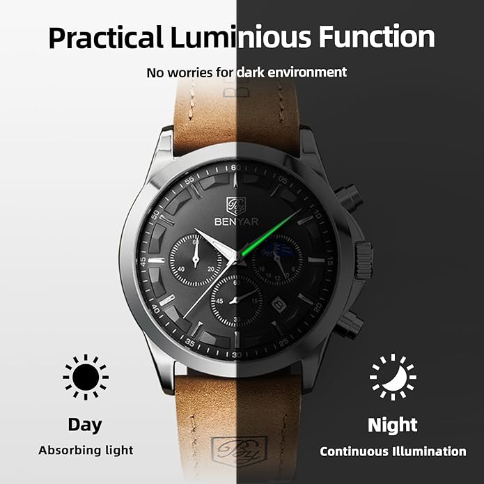 BY BENYAR Mens Watches Analog Quartz Chronograph Waterproof Wrist Watches for Men Fashion Business Work Casual Sport Designer Dress Watch with Calendar Elegant Gifts for Men