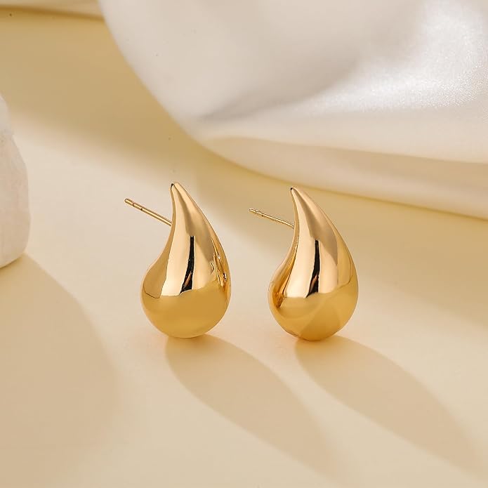 Apsvo Chunky 14K Gold Plated Hoop Earrings for Women, Lightweight Waterdrop Hollow Open Hoops, Hypoallergenic Dupes Earrings