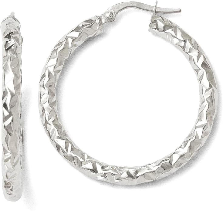 14K White Gold Textured Medium Hoop Earrings Polished Snap Back Secure Rhodium Plated 30mm Round Comfort Lightweight For Women Gift Luxury Italian Jewelry