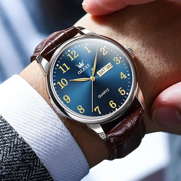 OLEVS Mens Watches, Casual Leather Watches for Men Easy to Read Quartz Number Watch with Date Waterproof Blue/Black/Silver Face Men's Wrist Watches…