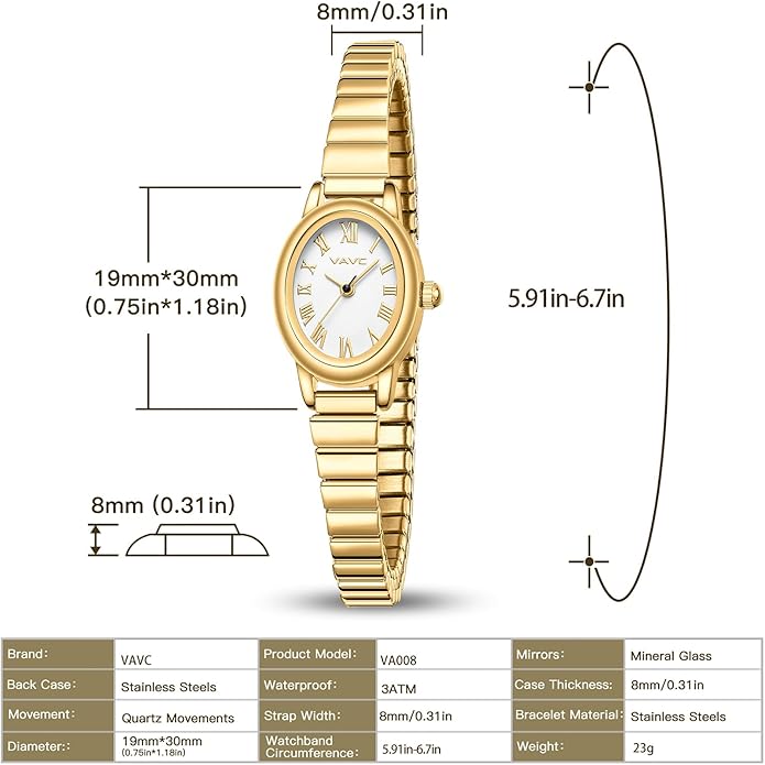 Small Gold Watches for Women,Analog Womens Watch with Stainless Steel Expansion Band,Oval Case Roman Dial,Water Resistant