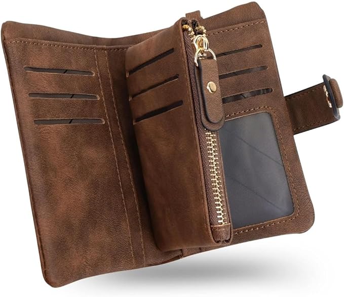 Women's Leather Wristlet Wallet, Bifold RFID Purse with ID Window, Zipper Coin Pocket for Daily Essentials (Brown)