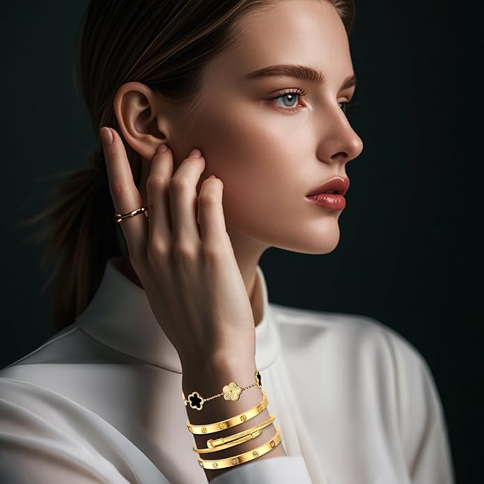 Gold Bracelets for Women-4Pcs/3Pcs,18K Gold Plated Bangle Tennis Bracelets Stack Set for Women Trendy Non Tarnish Stainless Steel Gold Bangles Accessories Designer Jewelry