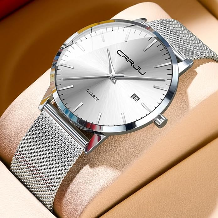 CRRJU Men's Minimalist Casual Luxury Auto Date Watches Fashion Business Japan Movement Quartz Waterproof Wristwatches for Men Stainsteel Steel Band Watch