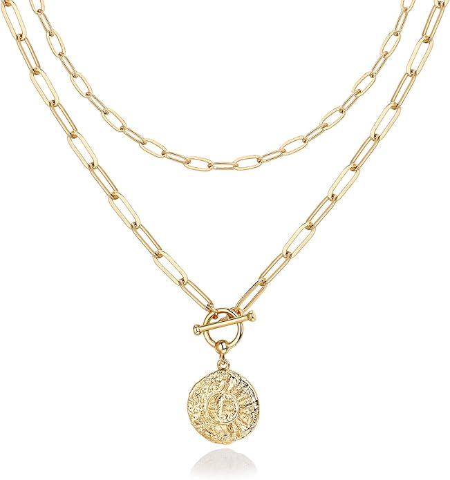 PAVOI 14K Gold Plated Layering Necklaces | Stylish Minimalist Design Pendant Necklaces | Bar, Circle, Lotus, Disc, Dog Tag, Horizontal Bar Pendants for Women