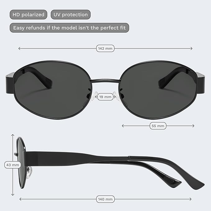 livho Retro Polarized Sunglasses - UV400 Protection, Oval Shape, Metal Frames - Matching Soft Case Inlcuded