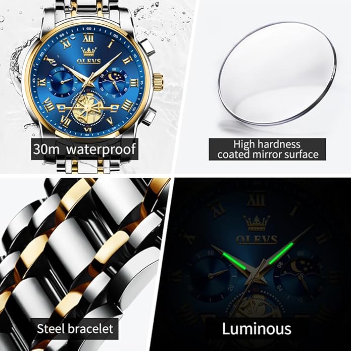 OLEVS Mens Watches Waterproof Stainless Steel Adjustable Bracelet Watch Quartz Analog Watch for Men Fashion Business Classic Mens's Wrist watch's Casual Watches Gold/Blue/Black/White/Face/Dial