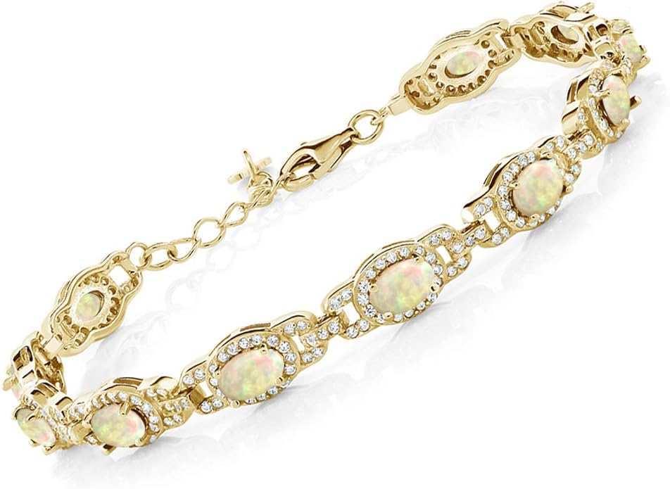 Gem Stone King 18K Yellow Gold Plated Silver Oval Gemstone Birthstone Tennis Bracelet For Women | Oval 6X4MM | 7 Inch With 1 Inch Extender | Fine Jewelry Gifts for Her Mom Women Wife