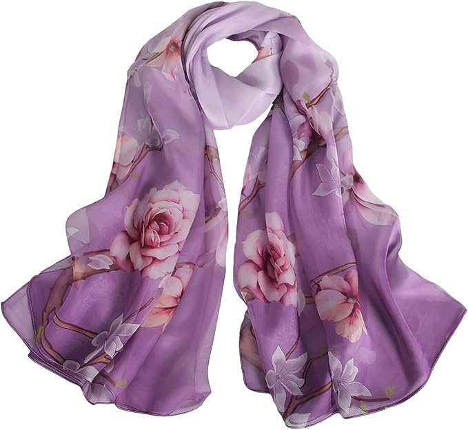 100% Mulberry Silk Women's Neck Silk Scarf-Lightweight Shawl,FLoral Print Beach Silk Wrap-Scarves for Photography
