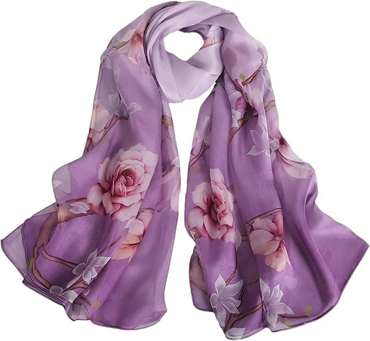 100% Mulberry Silk Women's Neck Silk Scarf-Lightweight Shawl,FLoral Print Beach Silk Wrap-Scarves for Photography