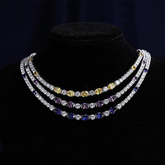 FANCIME Sterling Silver Tennis Necklace 4mm 18 inch Birthstone Necklace with 6 * 8mm Oval Gemstone Luxury Fine Birthday Jewelry Gifts for Women
