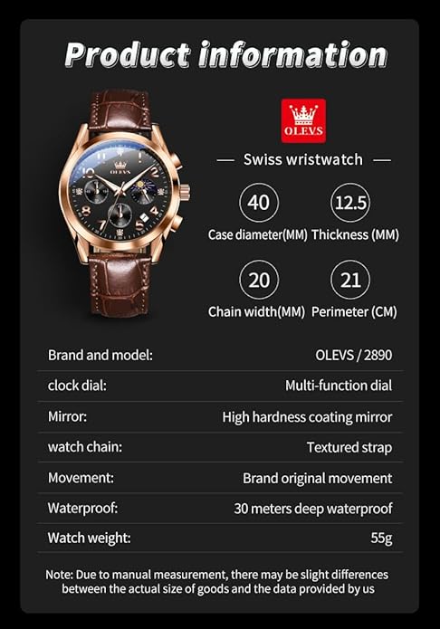 OLEVS Men's Watches Brown Leather with Date,Casual Watches for Men,Large Face Watches Men,Chronograph Mens Watch,Sport Waterproof Business Dress Analog Quartz Men's Wrist Watches Reloj De Hombre