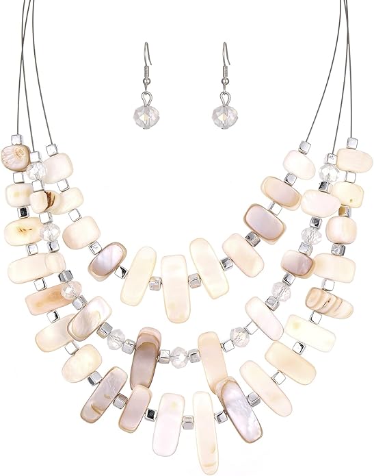 3 Layered Chunky Statement Necklace for Women Beaded Strand Necklaces with Earring Fashion Costumes Collar Necklace Jewelry Sets Gifts for Women