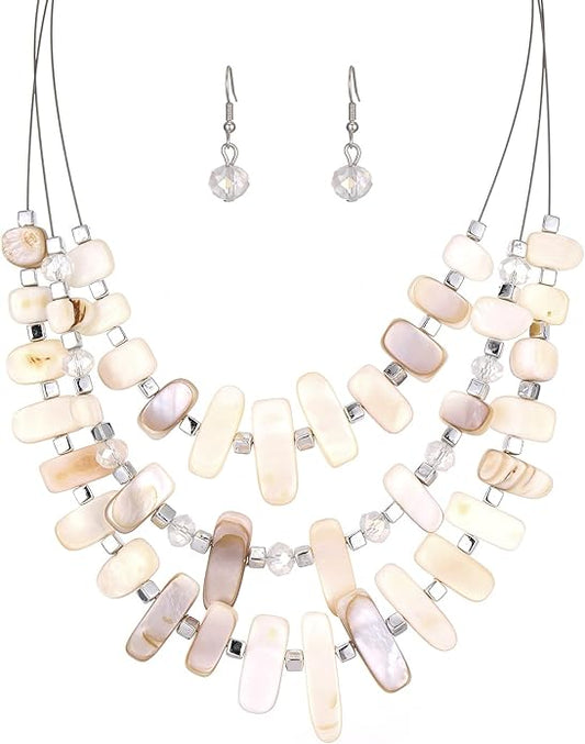 3 Layered Chunky Statement Necklace for Women Beaded Strand Necklaces with Earring Fashion Costumes Collar Necklace Jewelry Sets Gifts for Women