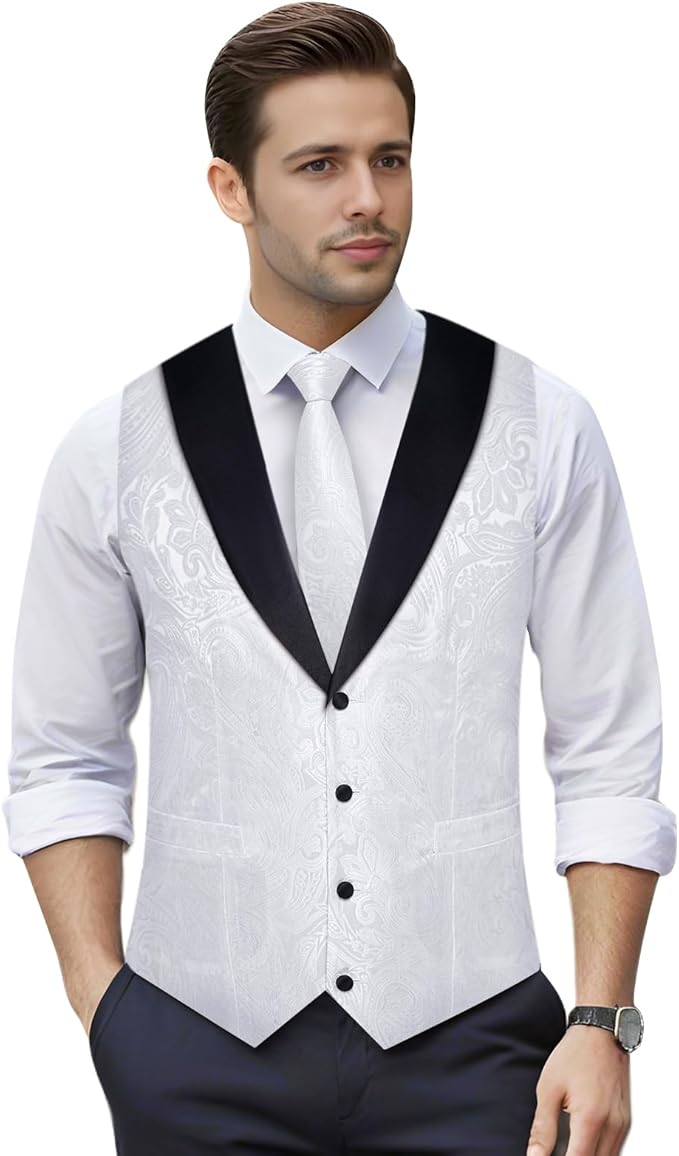 DiBanGu Mens Paisley Suit Vest Silk Jacquard Waistcoat and Necktie Set Formal Shawl Collar Dress Vest 7PCS for Wedding Party