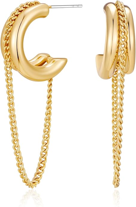 Tassel Chain Hoop Earrings for Women Trendy Two Tone Dangling Chain Earrings Hypoallergenic Fashion Jewelry Gifts