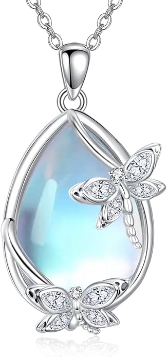 Moonstone Necklace for Women dragonfly Necklace 925 Sterling Silver Teardrop Moonstone Pendant Necklace Dragonfly Jewelry Gifts for Women