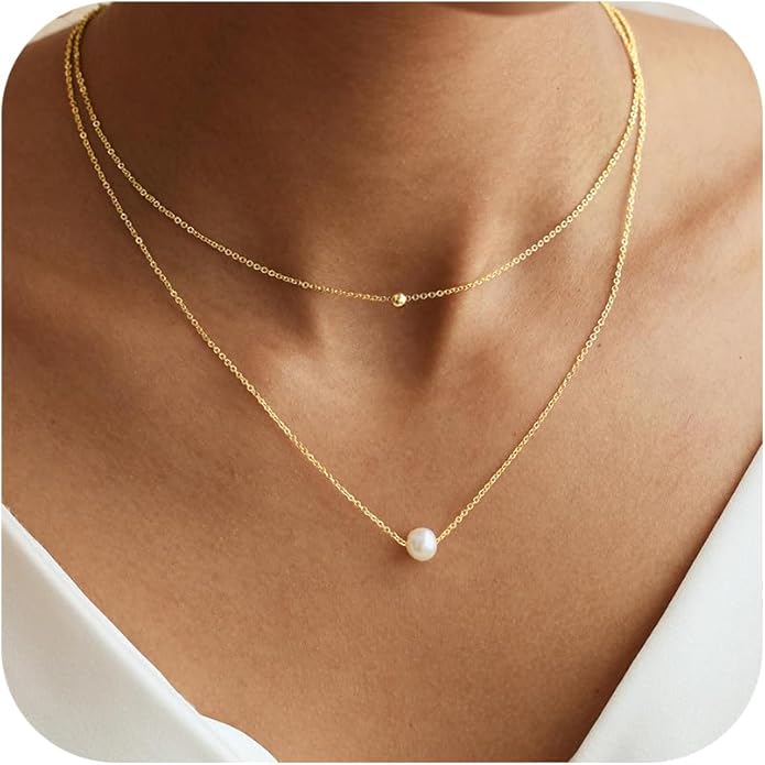 Valentines Day Gifts for Her - 14K Gold Plated Pearl Necklaces for Women Trendy Dainty Necklace Simple Layered Pearl Necklaces for Women Trendy Wedding Birthday Valentines Jewelry