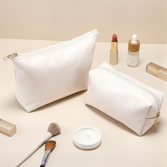 Kigeli 2 Pcs PU Leather Makeup Bag Set for Women Aesthetic Cosmetic Bag Small Toiletry Travel Pouch for Purse Emergency Skincare Organizer Valentine Gifts for Bridesmaid Birthday(Beige)