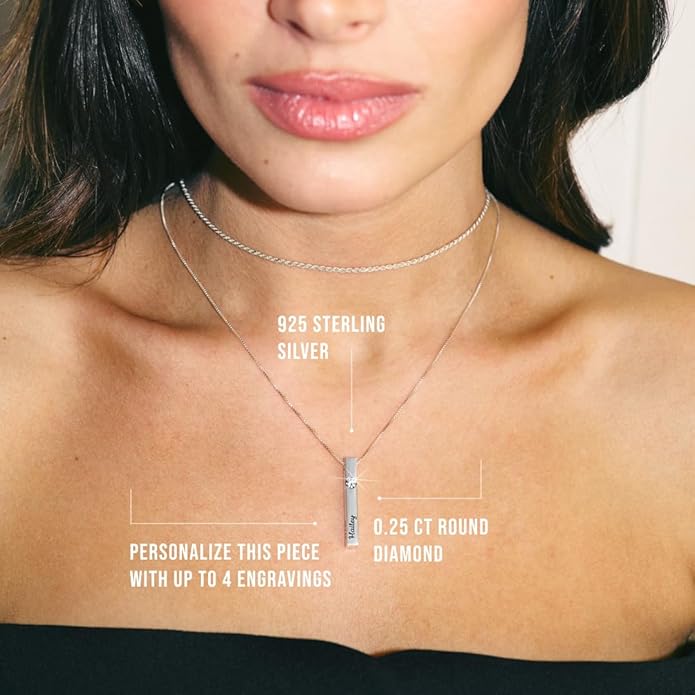 OAK & LUNA - Personalized Pillar Bar Necklace with Diamond Options - Custom Inscription Engraved Pendant - Up to 4 Names - Jewelry Gift for Women, Her, Mother For Mother's Day, Christmas