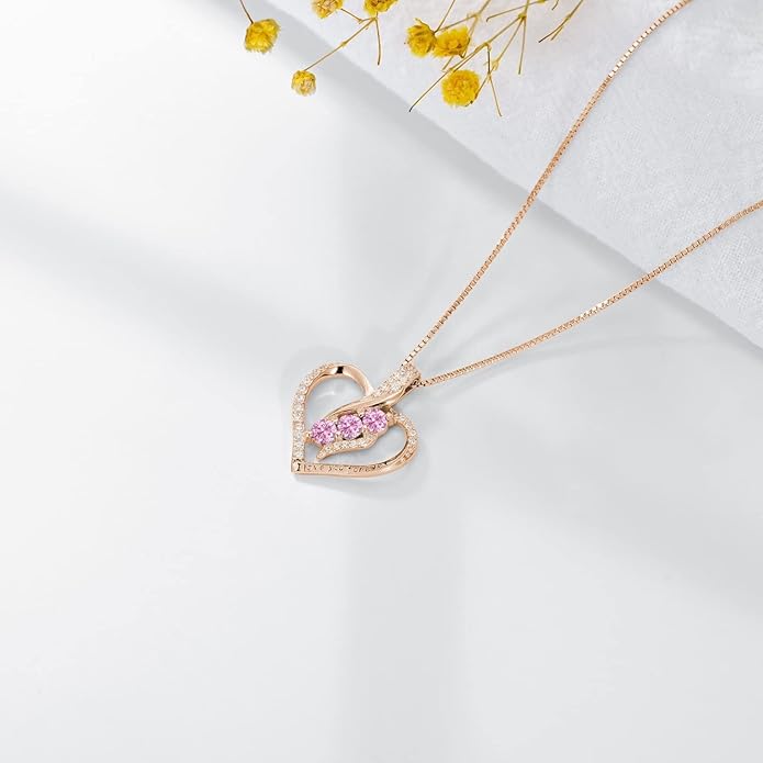Rose Heart Birthstone Necklace for Women - Solid S925 Sterling Silver with Rose Gold Plated Infinity Symbol of Love Valentine's, Mother's Day, Anniversary, Christmas Birthday Gift for Her, Mom, Wife, or Girlfriend.