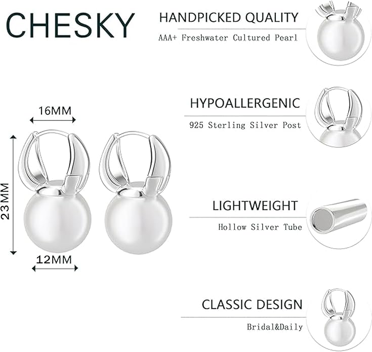 CHESKY Christmas Gifts Pearl Earrings for Women, Dainty 14K Gold Plated/Silver Plated Drop Quality Handpicked AAA+ Freshwater Cultured Round Pearls Dangle Earrings Wedding Jewelry for Women Gifts