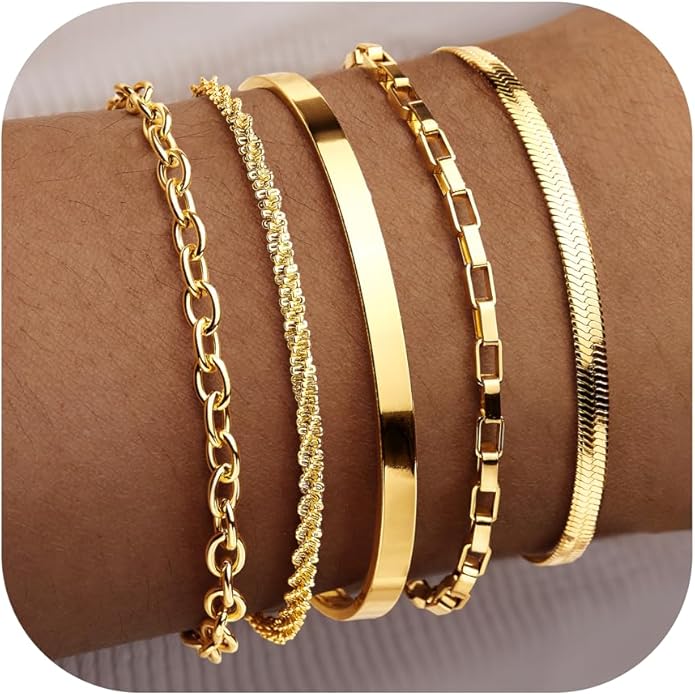 Dainty Thin Gold Bracelet for Women Stack, 14K Gold Plated Bracelet Stackable Set with Bangle Cuff, Box, Herringbone, Paperclip, Figaro, Sparkling Link Chains, Simple Waterproof Non Tarnish Minimalist Gifts for Women Trendy