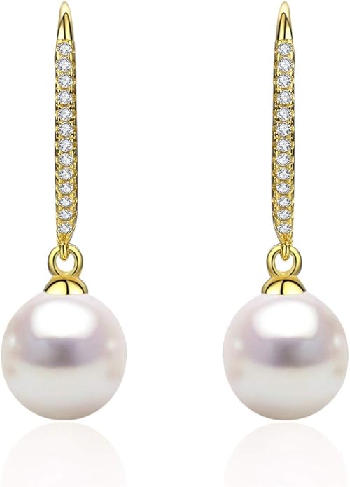 CHAULRI Minimalist Modern Sleek Cultured White Pearl Earrings 8-9mm Gold Plated Sterling Silver - Jewelry Gifts for Women