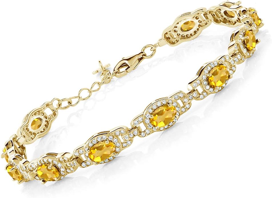 Gem Stone King 18K Yellow Gold Plated Silver Oval Gemstone Birthstone Tennis Bracelet For Women | Oval 6X4MM | 7 Inch With 1 Inch Extender | Fine Jewelry Gifts for Her Mom Women Wife