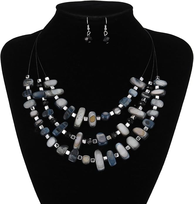 3 Layered Chunky Statement Necklace for Women Beaded Strand Necklaces with Earring Fashion Costumes Collar Necklace Jewelry Sets Gifts for Women
