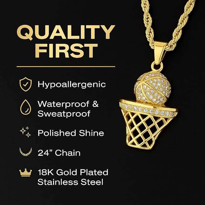 Basketball Necklace - 18K Plated Basketball Chain with Hoop for Men, Women, Teens - Gold, Silver & Black Color Options - Stainless Steel Sports Pendant with Simulated Diamond CZ Stones