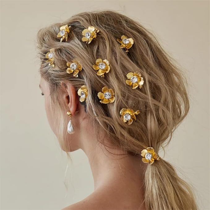 10PCS Small Flower Hair Clips Gold Crystal Hair Barrettes Alligator Hair Clips Floral Headpiece Rhinestone Floral Hair Accessories for Girls Women for Party Prom Birthday