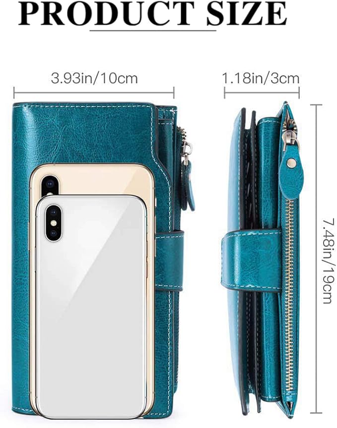 Women's Retro Long Wallet Genuine Leather RFID Blocking Large Capacity Clutch Purse in Brown (Blue)