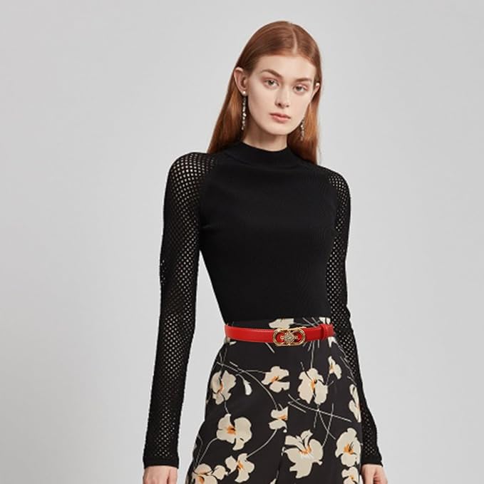 Women's Fashion Classic Metal Buckle Leather Belt with Jeans Dress