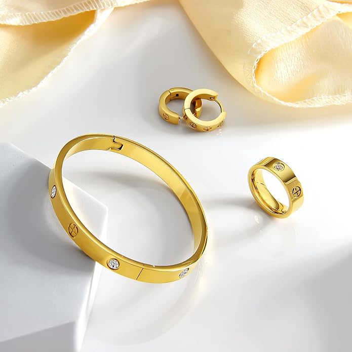 3 Pcs Hoop Earrings Bracelets Ring Sets for Women-18K Gold Plated Love Bracelet Cubic Zirconia Cuff Bangle Hoop Earrings Friendship Love Ring Jewelry Set,Wedding Party Christmas Valentine's Day Birthday Gifts for Her Girlfriend Sister Daughter